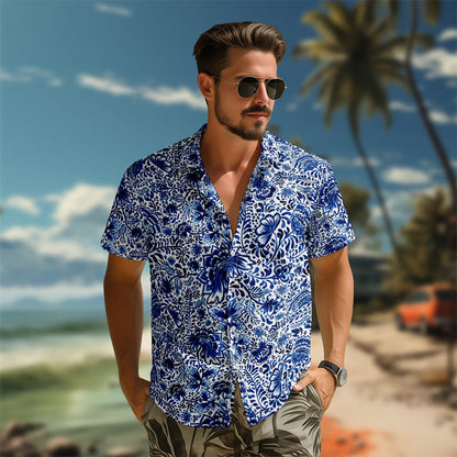 100% Cotton Fantasy Blue Floral Art Print Short Sleeve Shirt - image 3