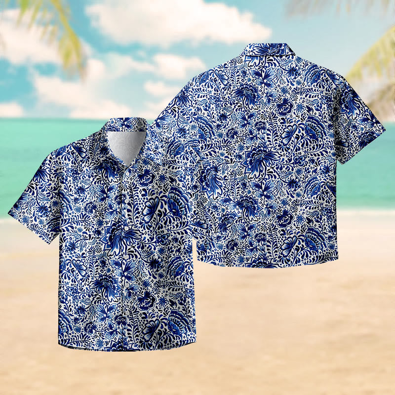 100% Cotton Fantasy Blue Floral Art Print Short Sleeve Shirt - image 2