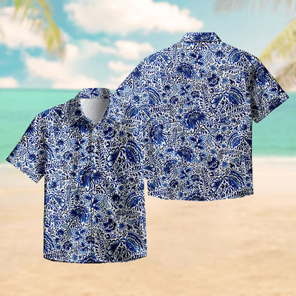 100% Cotton Fantasy Blue Floral Art Print Short Sleeve Shirt - image 2