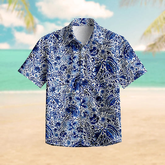 100% Cotton Fantasy Blue Floral Art Print Short Sleeve Shirt - Blue - 6XL - image 0
