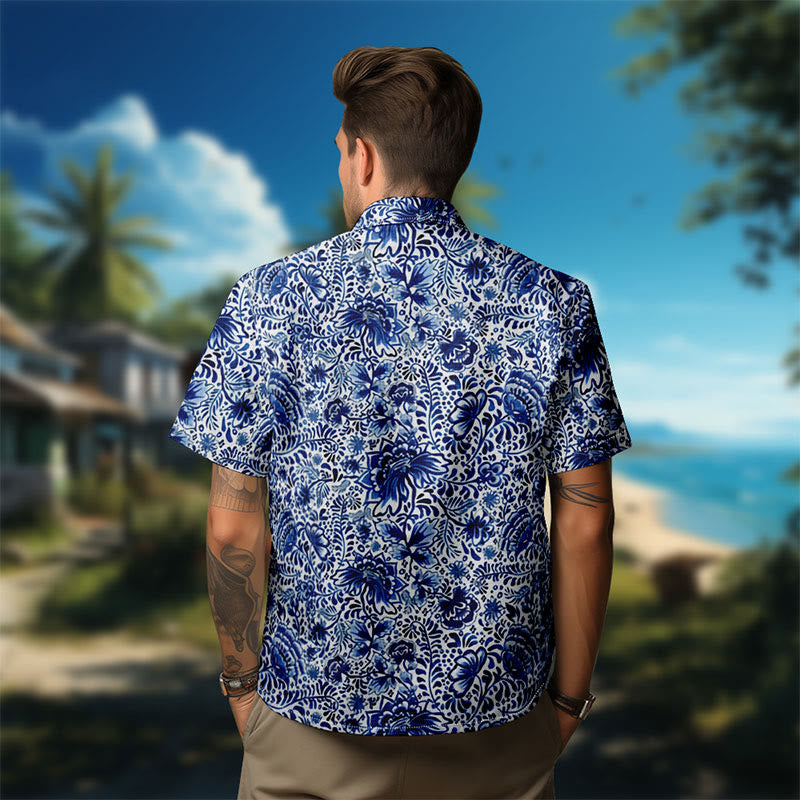100% Cotton Fantasy Blue Floral Art Print Short Sleeve Shirt - image 4