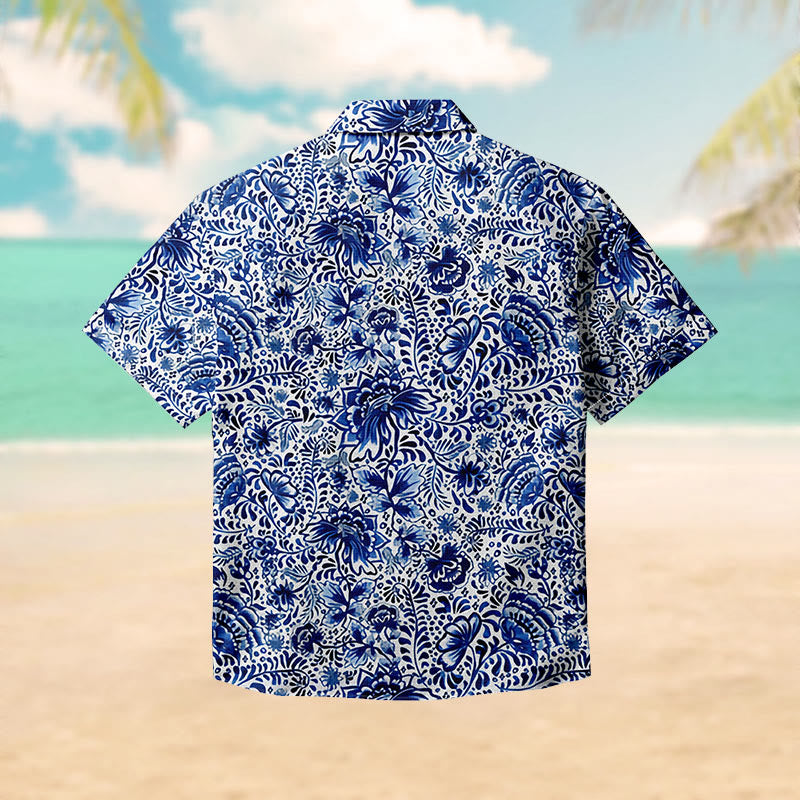 100% Cotton Fantasy Blue Floral Art Print Short Sleeve Shirt - image 1