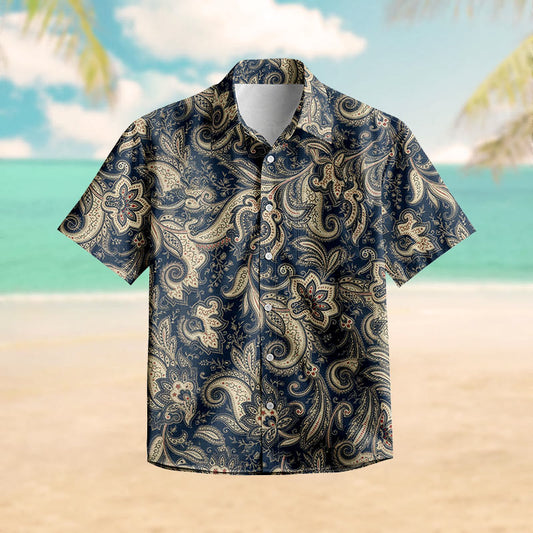 100% Cotton Ethnic Floral Pattern Print Short Sleeve Shirt - Blue - 6XL - image 0