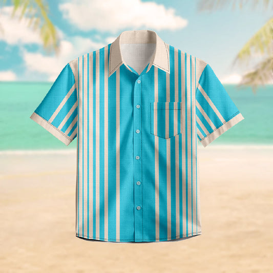 100% Cotton Summer Striped Print Short Sleeve Shirt - Blue - 6XL - image 0