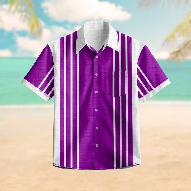 100% Cotton Retro Striped Print Short Sleeve Shirt - Purple - 6XL - image 0