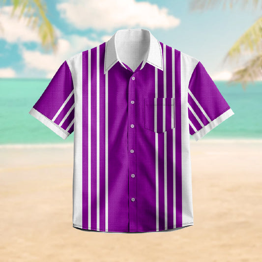 100% Cotton Retro Striped Print Short Sleeve Shirt - Purple - 6XL - image 0