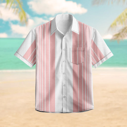 100% Cotton Pastel Pink Stripe Print Short Sleeve Shirt - Pink - 6XL - image 0