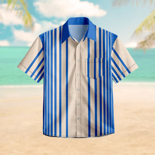 100% Cotton Summer Classic Striped Print Short Sleeve Shirt - Blue - 6XL - image 1