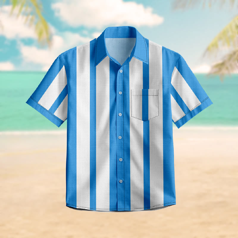 100% Cotton Crisp Blue And White Stripe Print Short Sleeve Shirt - Blue - 6XL - image 1