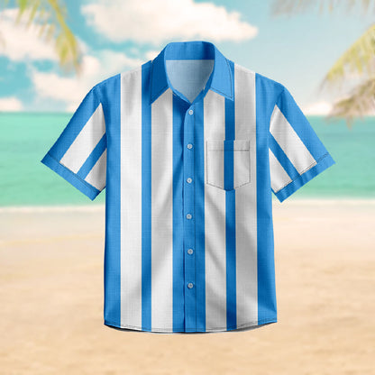 100% Cotton Crisp Blue And White Stripe Print Short Sleeve Shirt - Blue - 6XL - image 1