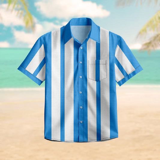 100% Cotton Crisp Blue And White Stripe Print Short Sleeve Shirt - Blue - 6XL - image 1