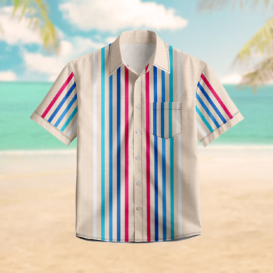 100% Cotton Multicolor Stripe Casual Print Short Sleeve Shirt - Multicolor - 6XL - image 1