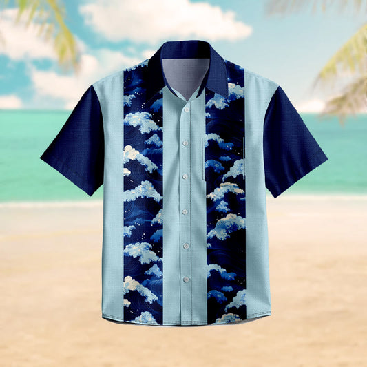 100% Cotton Retro Ocean Wave Print Short Sleeve Shirt - Blue - 6XL - image 1