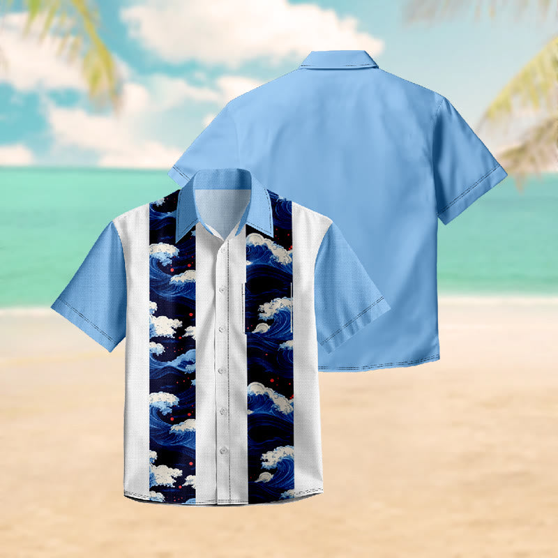 100% Cotton Blue Ocean Wave Print Short Sleeve Shirt - image 3