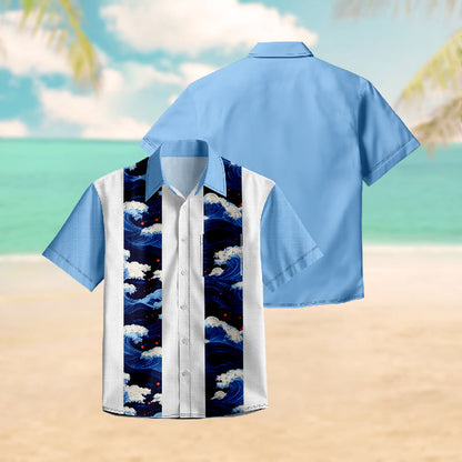 100% Cotton Blue Ocean Wave Print Short Sleeve Shirt - image 3