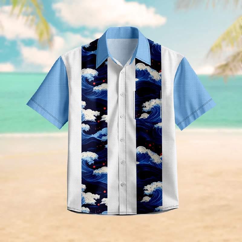 100% Cotton Blue Ocean Wave Print Short Sleeve Shirt - Blue - 6XL - image 1