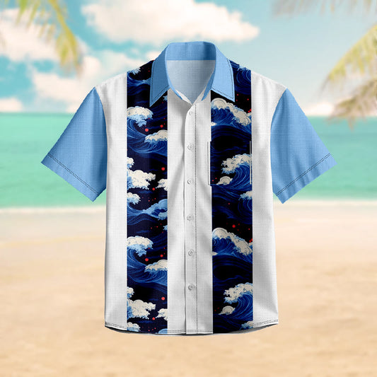 100% Cotton Blue Ocean Wave Print Short Sleeve Shirt - Blue - 6XL - image 1