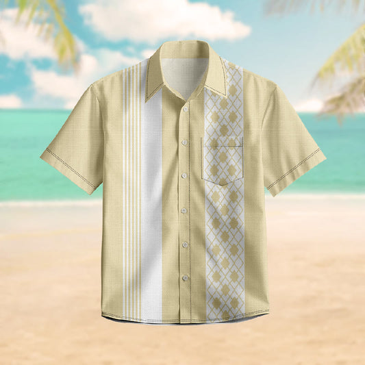 100% Cotton Retro Geometric Striped Print Short Sleeve Shirt - Apricot - 6XL - image 1