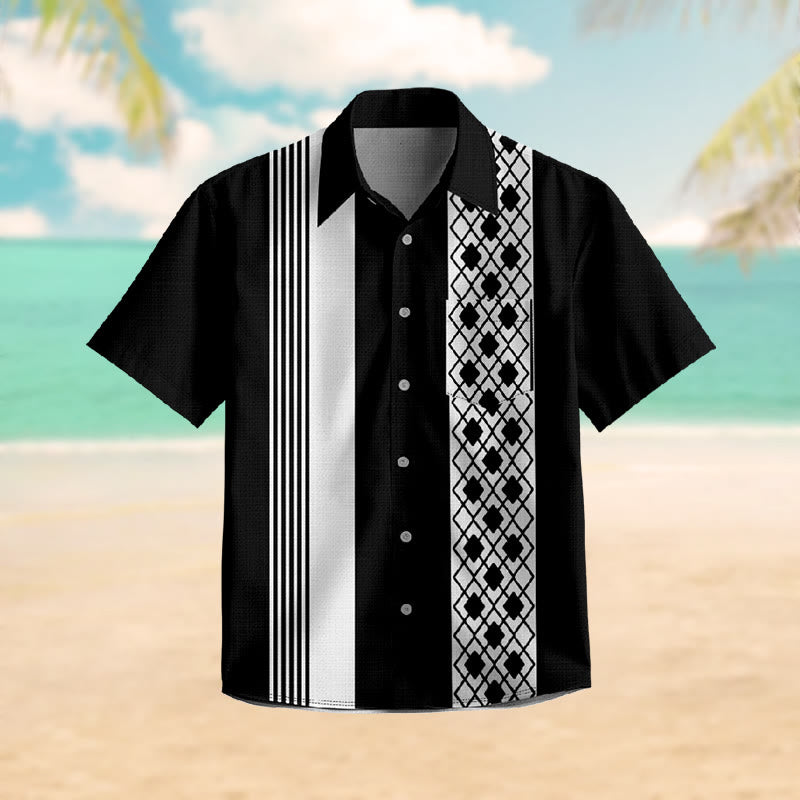 100% Cotton Dark Geometric Striped Print Short Sleeve Shirt - Black - 6XL - image 1