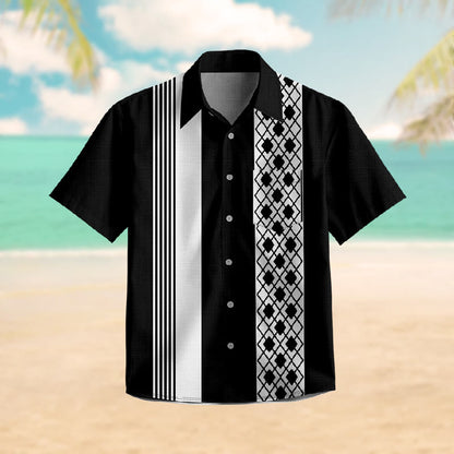 100% Cotton Dark Geometric Striped Print Short Sleeve Shirt - Black - 6XL - image 1