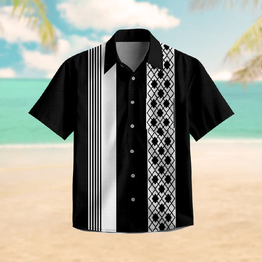 100% Cotton Dark Geometric Striped Print Short Sleeve Shirt - Black - 6XL - image 1