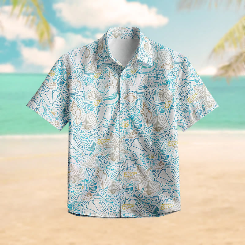 100% Cotton Multiple Seashells Print Short Sleeve Shirt - Blue - 6XL - image 1