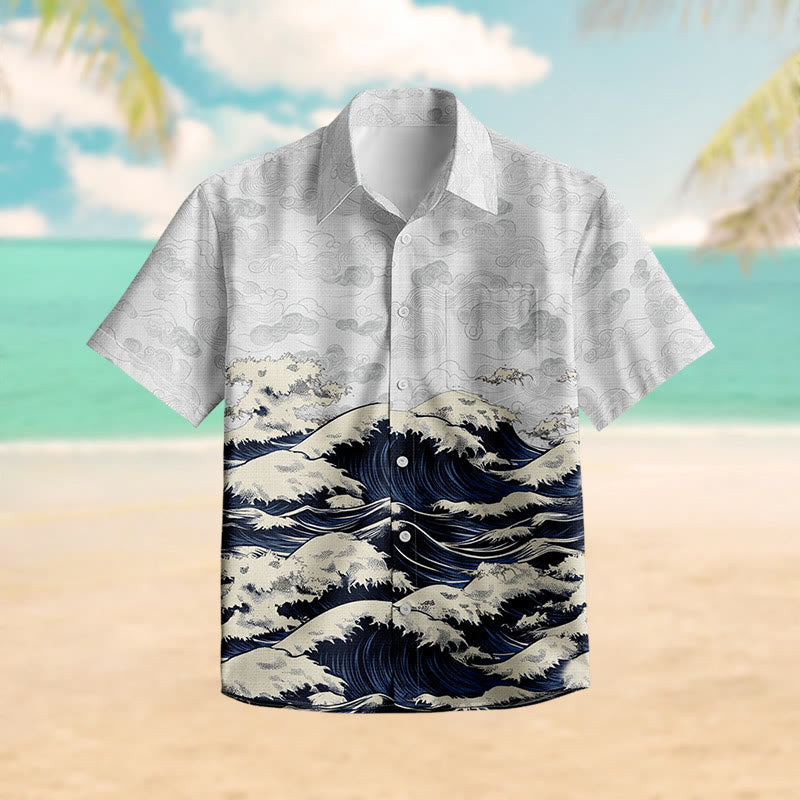 100% Cotton Rolling Ocean Wave Print Short Sleeve Shirt - Light Gray - 6XL - image 1
