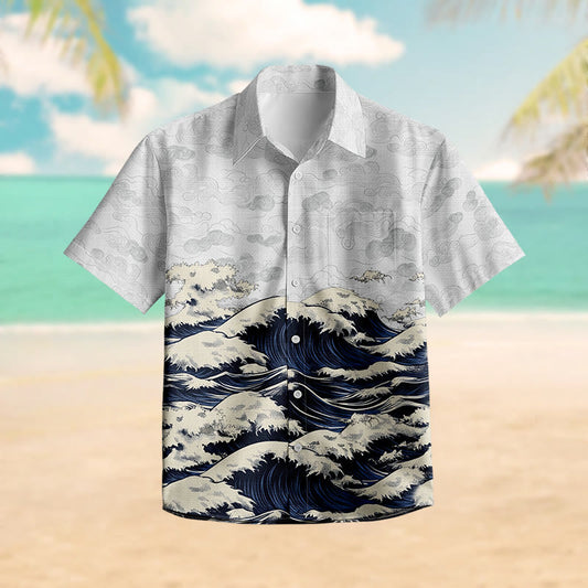 100% Cotton Rolling Ocean Wave Print Short Sleeve Shirt - Light Gray - 6XL - image 1