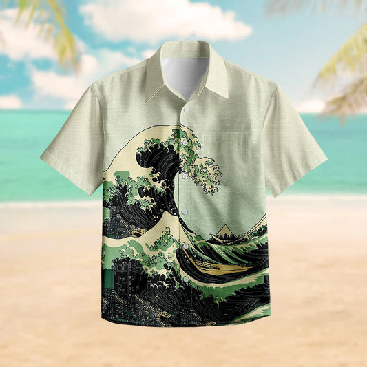100% Cotton Tsunami Art Print Short Sleeve Shirt - Green - 6XL - image 1