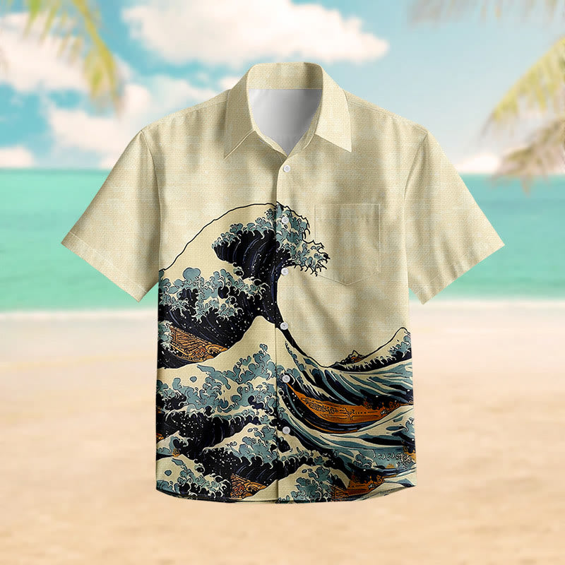 100% Cotton Tsunami Art Print Short Sleeve Shirt - Blue - 6XL - image 4