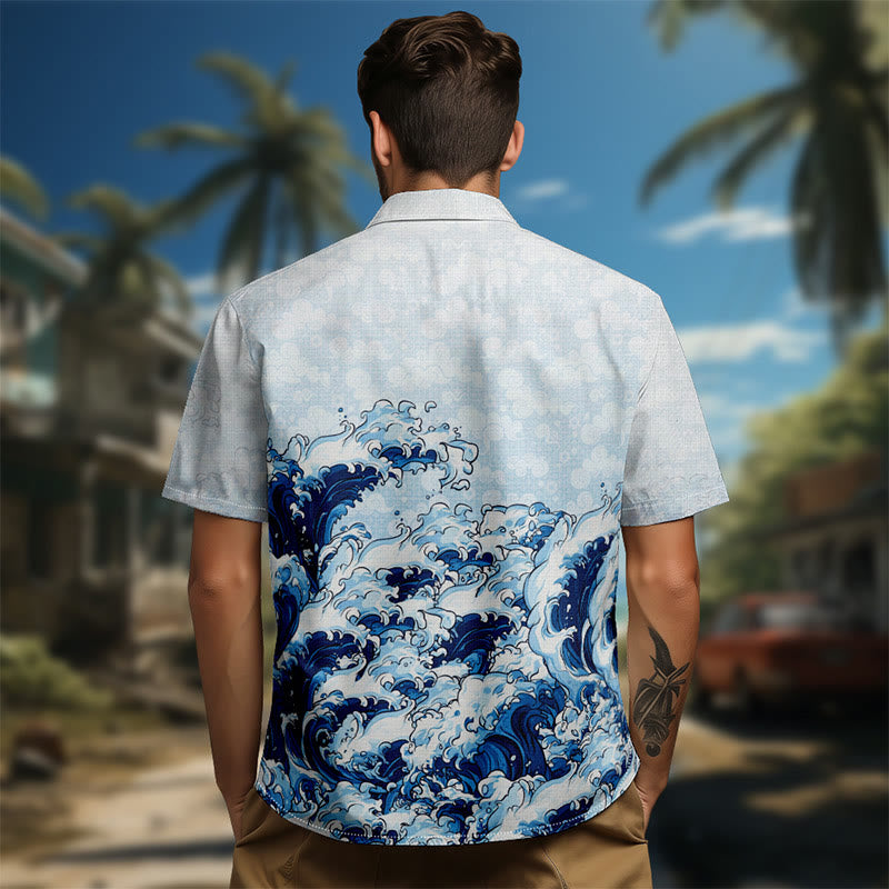 100% Cotton Blue Ocean Wave Print Short Sleeve Shirt - image 5