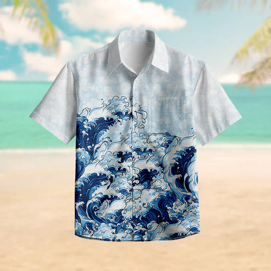 100% Cotton Blue Ocean Wave Print Short Sleeve Shirt - Blue - 6XL - image 1