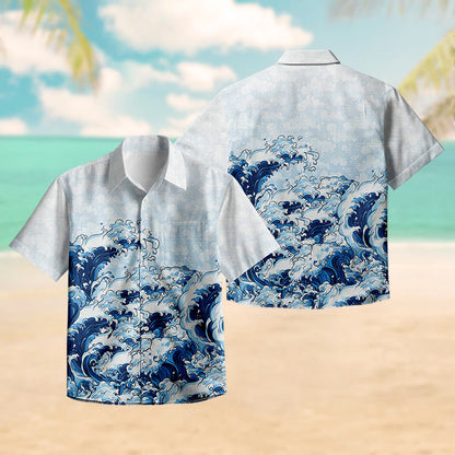 100% Cotton Blue Ocean Wave Print Short Sleeve Shirt - image 3