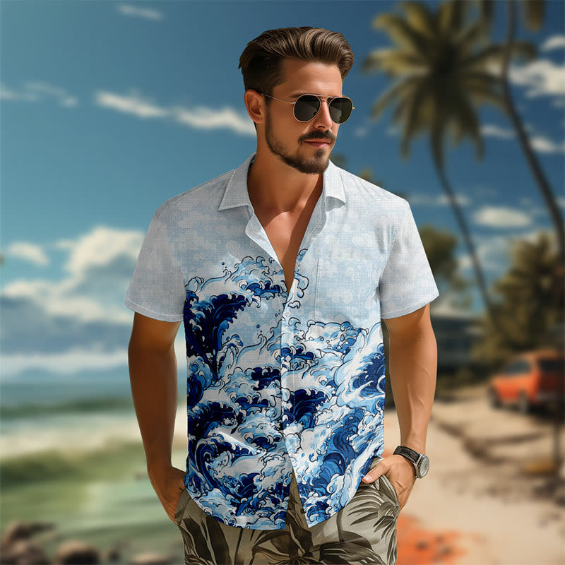 100% Cotton Blue Ocean Wave Print Short Sleeve Shirt - image 4