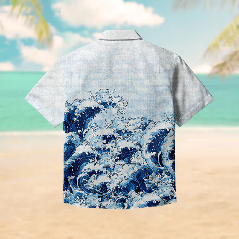 100% Cotton Blue Ocean Wave Print Short Sleeve Shirt - image 2