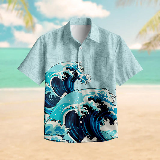 100% Cotton Magnificent Tsunami Art Print Short Sleeve Shirt - Blue - 6XL - image 1