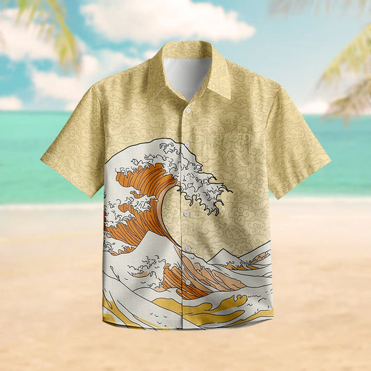 100% Cotton Retro Wave Art Print Short Sleeve Shirt - Yellow - 6XL - image 1
