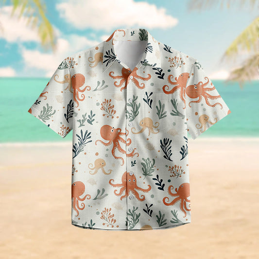 100% Cotton Lovely Octopus Pattern Print Short Sleeve Shirt - Multicolor - 6XL - image 1