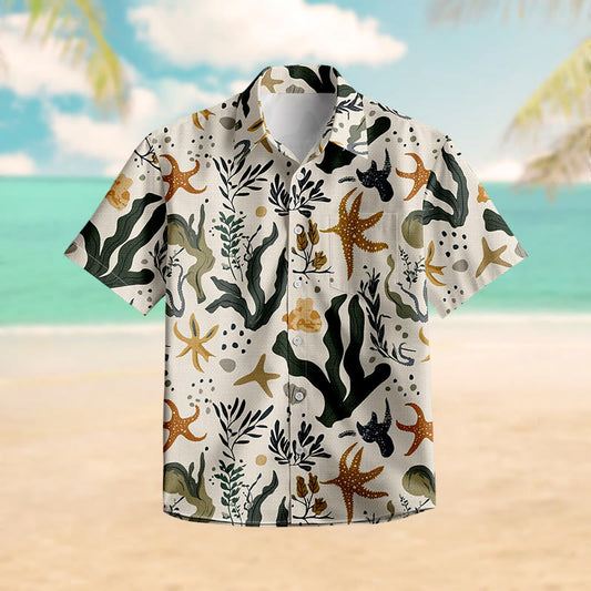 100% Cotton Colorful Marine Life Print Short Sleeve Shirt - Multicolor - 6XL - image 1