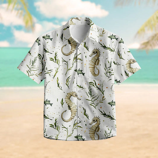 100% Cotton Seahorse & Seaweed Pattern Print Short Sleeve Shirt - Green - 6XL - image 1
