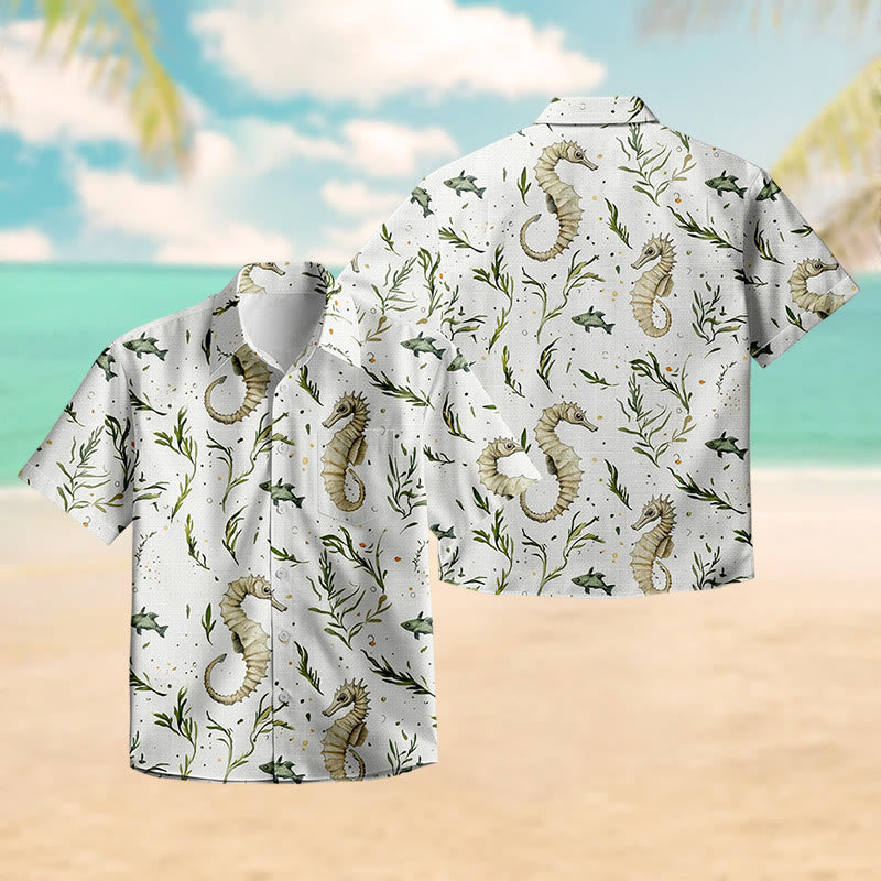 100% Cotton Seahorse & Seaweed Pattern Print Short Sleeve Shirt - image 3