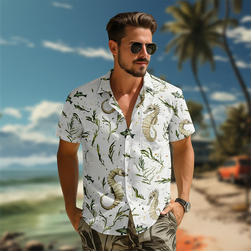 100% Cotton Seahorse & Seaweed Pattern Print Short Sleeve Shirt - image 4