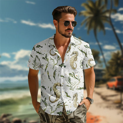 100% Cotton Seahorse & Seaweed Pattern Print Short Sleeve Shirt - image 4