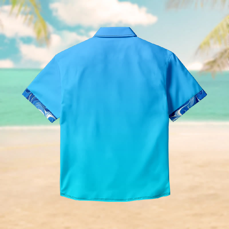 100% Cotton Ombre Ocean Blue Print Short Sleeve Shirt - image 2