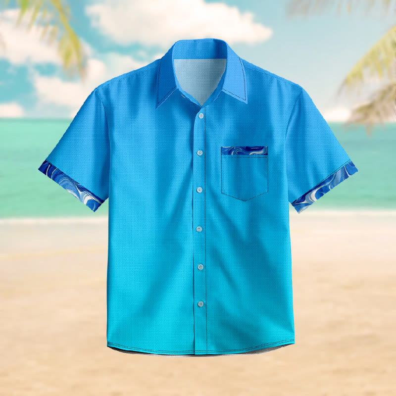 100% Cotton Ombre Ocean Blue Print Short Sleeve Shirt - Blue - 6XL - image 1