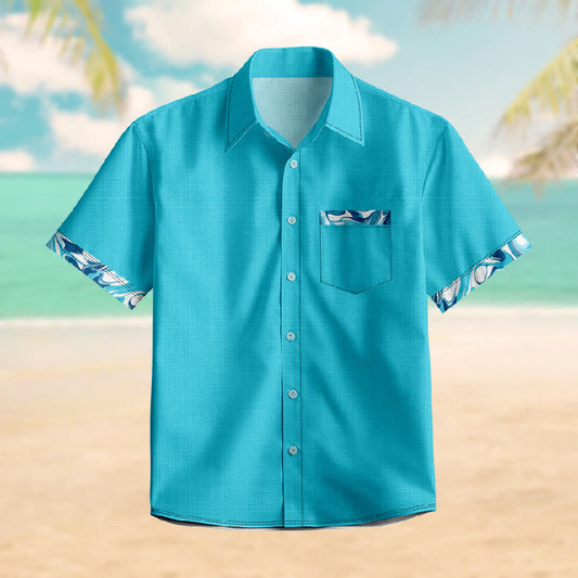 100% Cotton Tropical Solid Color Print Short Sleeve Shirt - Lake Blue - 6XL - image 1