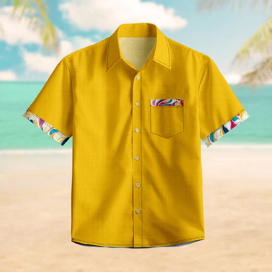 100% Cotton Sunny Yellow Print Short Sleeve Shirt - Yellow - 6XL - image 1