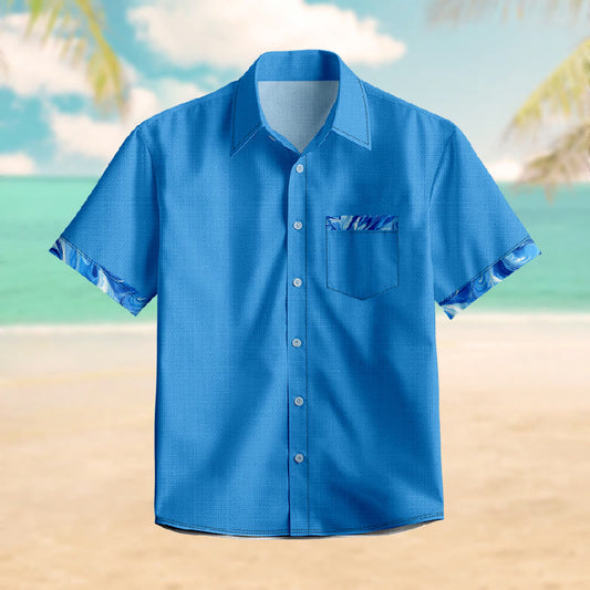 100% Cotton Classic Blue Art Print Short Sleeve Shirt - Blue - 6XL - image 1