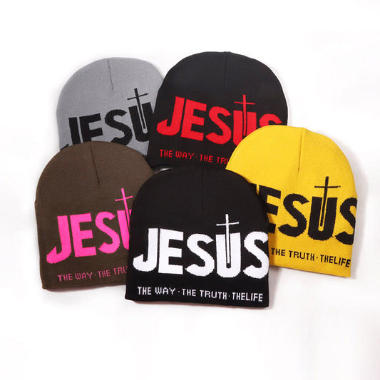 Contrast Color Jesus Pattern Knitted Hat - image 1