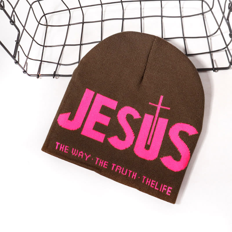Contrast Color Jesus Pattern Knitted Hat - Coffee - one size - image 4